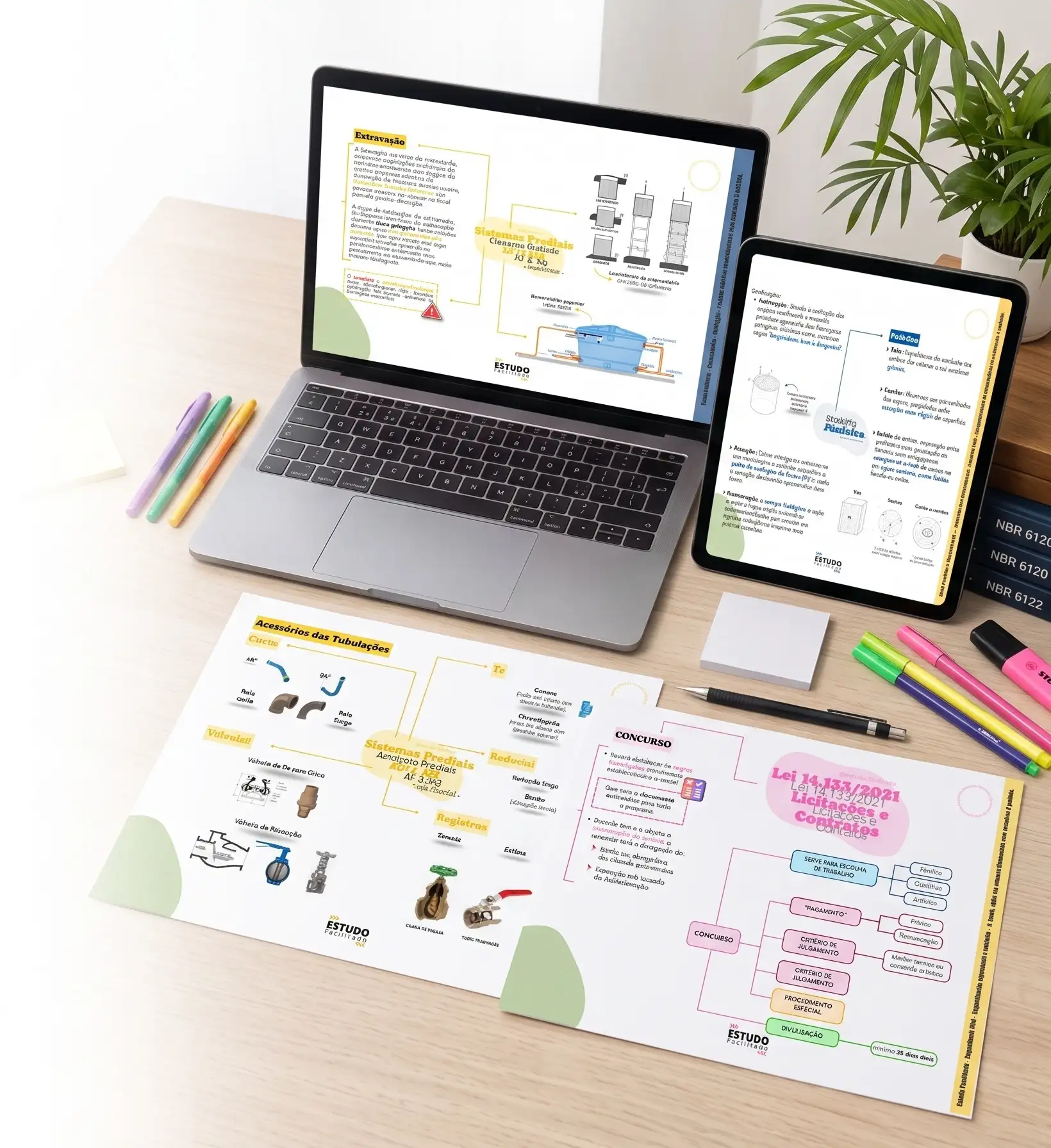 Mapas mentais do Estudo Facilitado no notebook, no tablet e impressos
